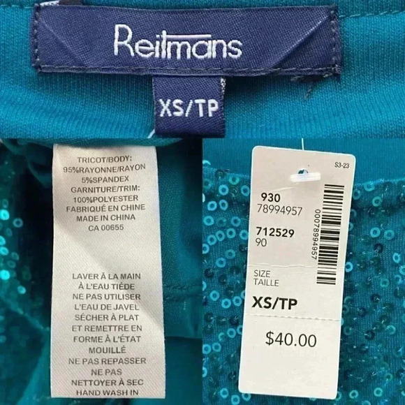 Reitman’s Sparkly Sequin Dressy Top  Scoop Neck 3/4 Bracelet Sleeve Teal XS NEW - Picture 14 of 16